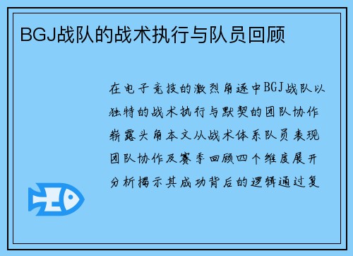 BGJ战队的战术执行与队员回顾