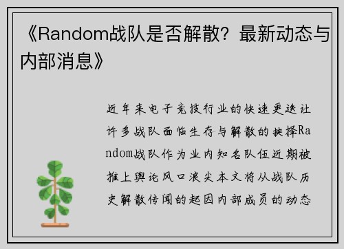 《Random战队是否解散？最新动态与内部消息》