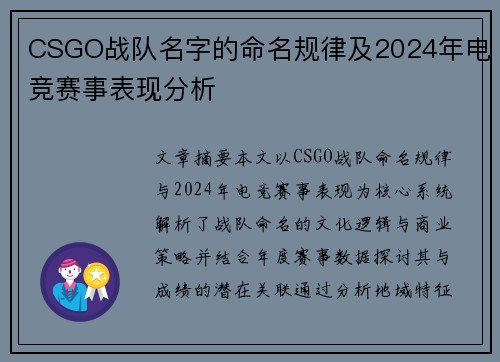 CSGO战队名字的命名规律及2024年电竞赛事表现分析